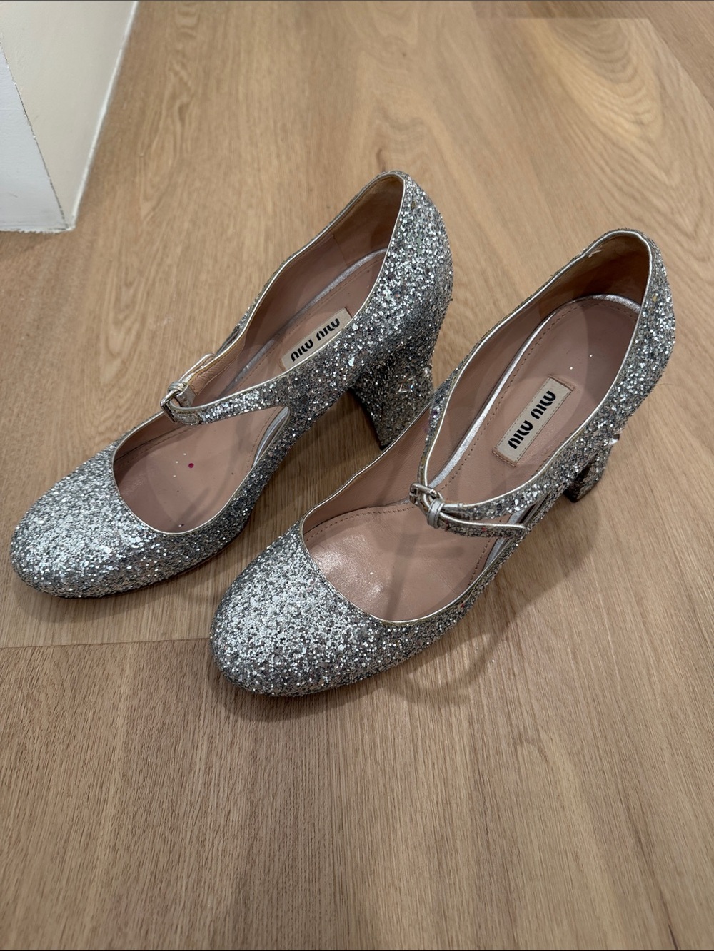 Miu Miu Silver Glitter Mary Jane Block Heels